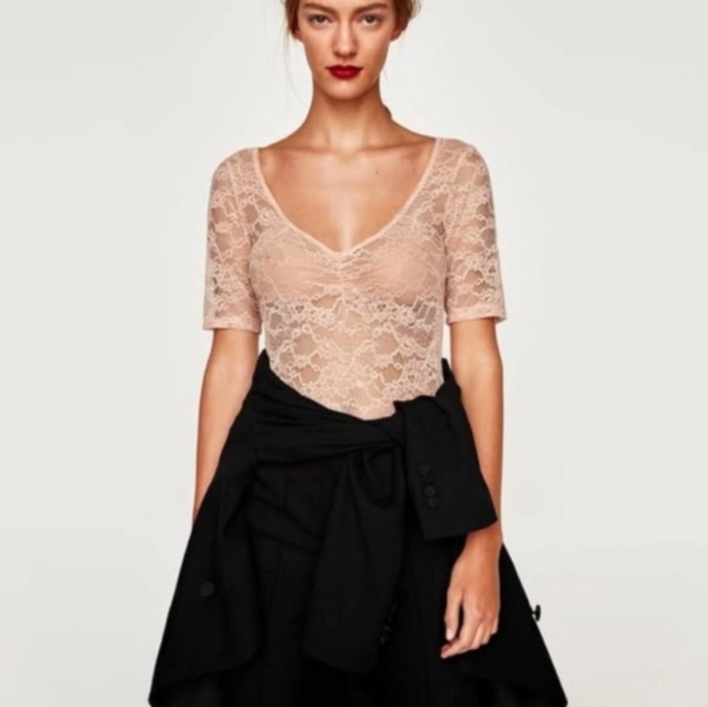 Zara peach pink lace bodysuit medium shirt top